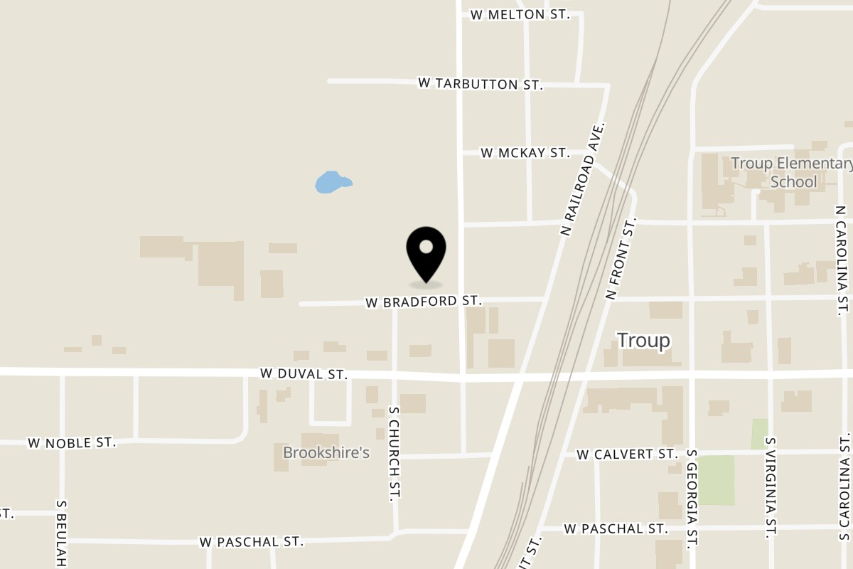 Map showing the location of Tiger Country Cafe on 405 W Bradford St in Troup